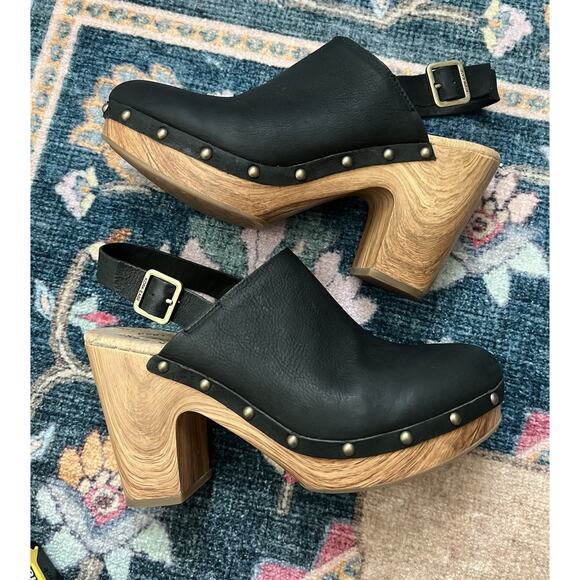 KORK-EASE Darby Black Leather Woodgrain Platform Slingback Clogs Shoes Sz 9M - Picture 2 of 13